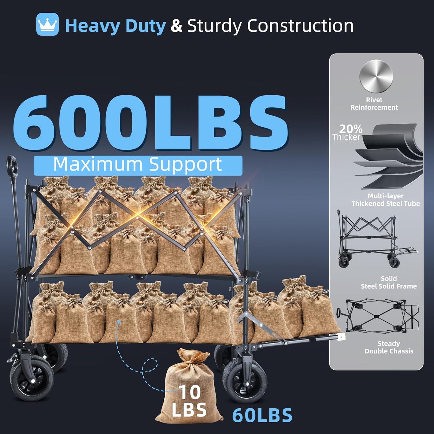 BARWING 460L Folding Large Collapsible Wagon, Heavy Duty Wagons Carts with All-Terrain Sand Wheels 600LBS,50" Extended Double-Decker Wagon with Height Extension Nets for Camping and Fishing