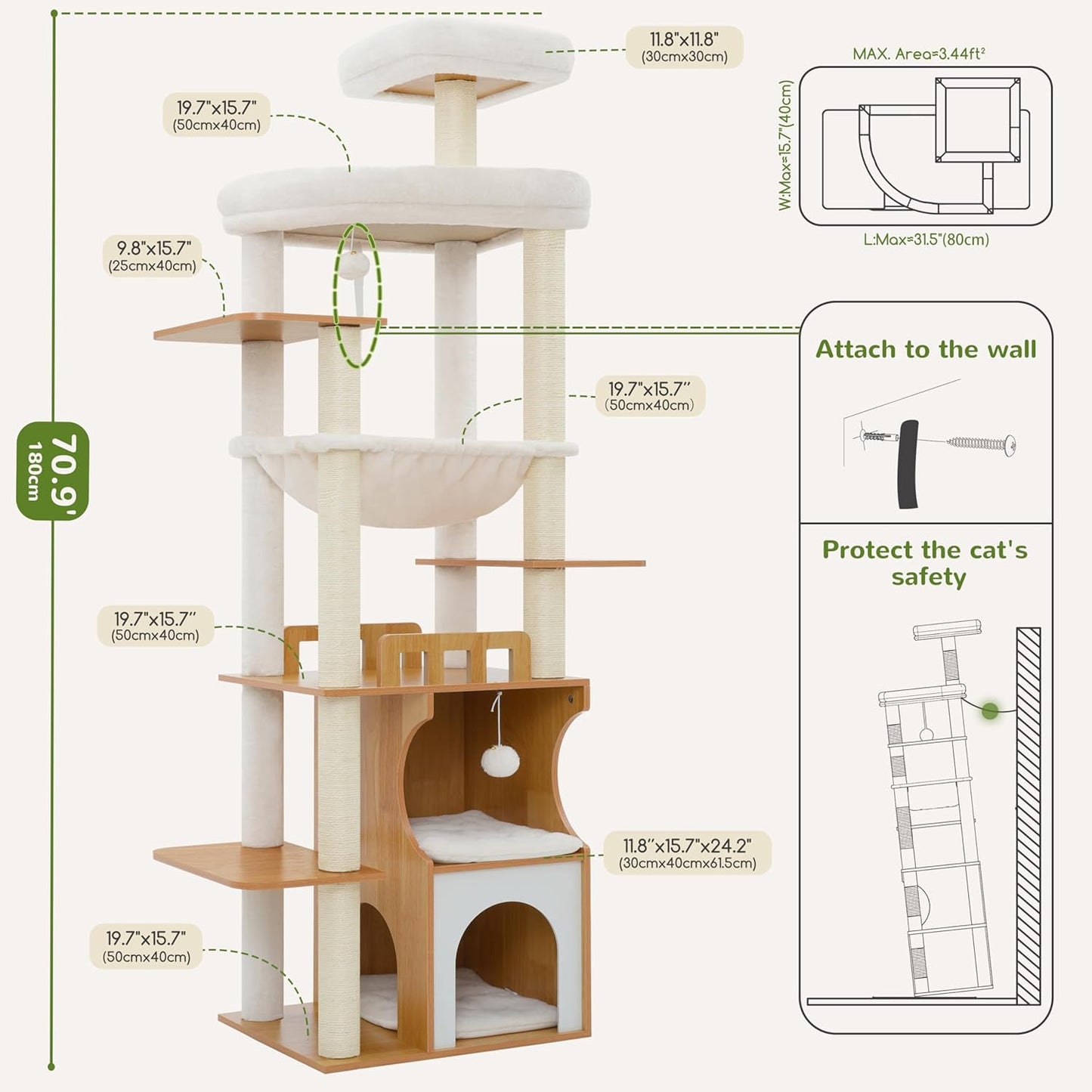 Cat Tree, 70.9 Inch Wood Cat Tower for Large Cats Adult, Modern Cat Fu