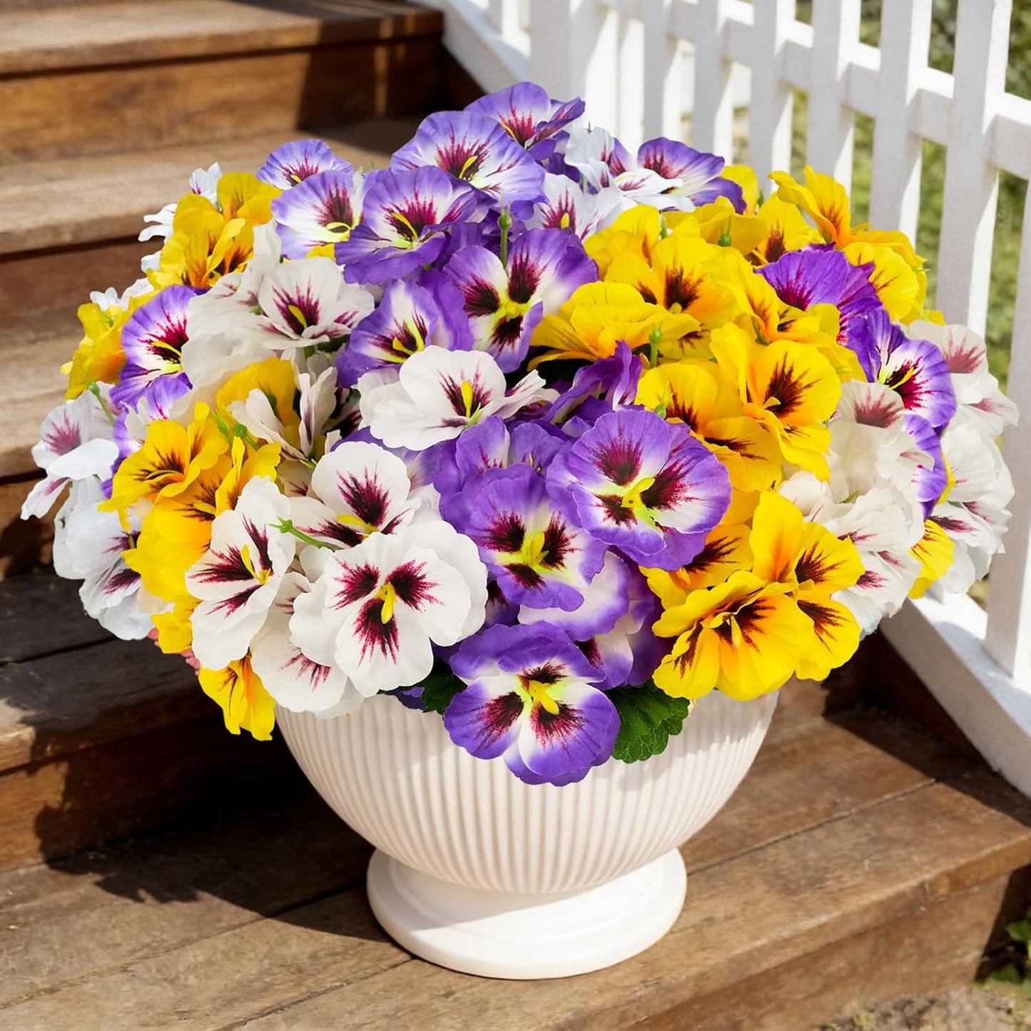 Artificial Flowers for Outdoor, 9 Bundles Silk Faux Pansies Fowers,UV Resistant Fake Pansy Flowers for Outdoor Planters Home Garden Office Patio Front (Yellow/Purple/White)