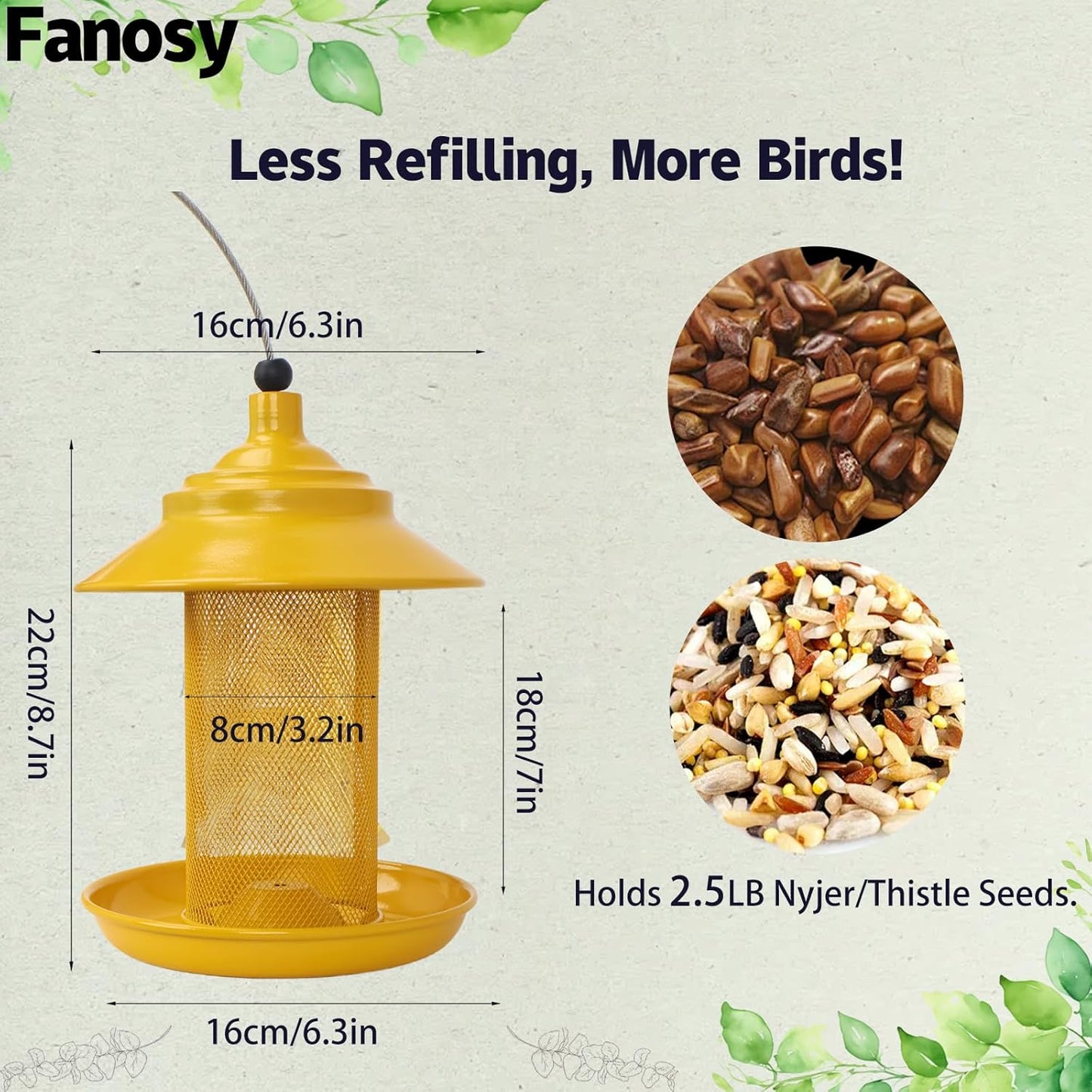 Finch Feeder - All-Metal Squirrel Proof Thistle Nyjer Seed Bird Feeder for Outdoors, 2.5LB Capacity, Powder-Coated Rust Resistant Mesh Design for Goldfinches & Small Birds Yellow