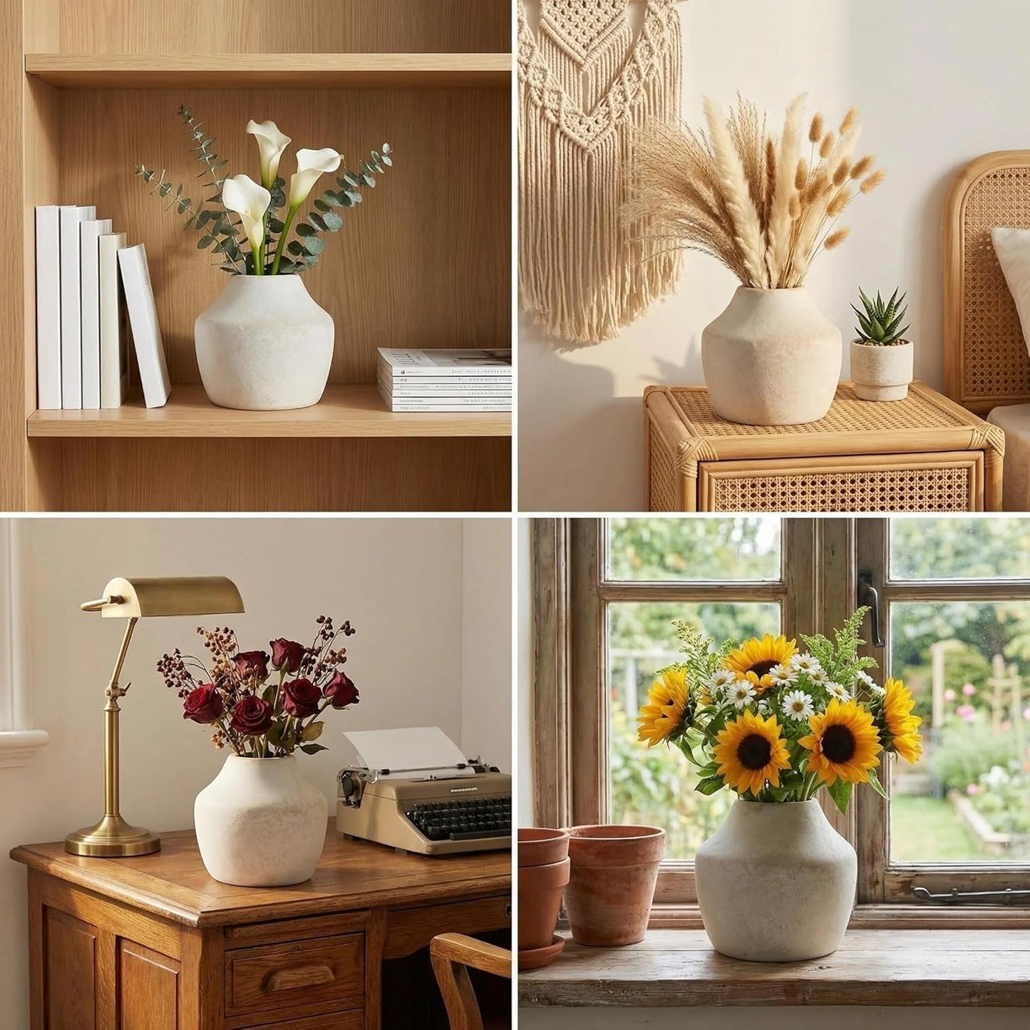 Rustic Vintage Off-WhiteTerracotta Pot, 5.3 Inch Aged Ceramic Vase for Dried/Fresh Flowers, Handcrafted Round Planter for Farmhouse, Boho Home Decor, Living Room, Entryway, Airbnb Styling