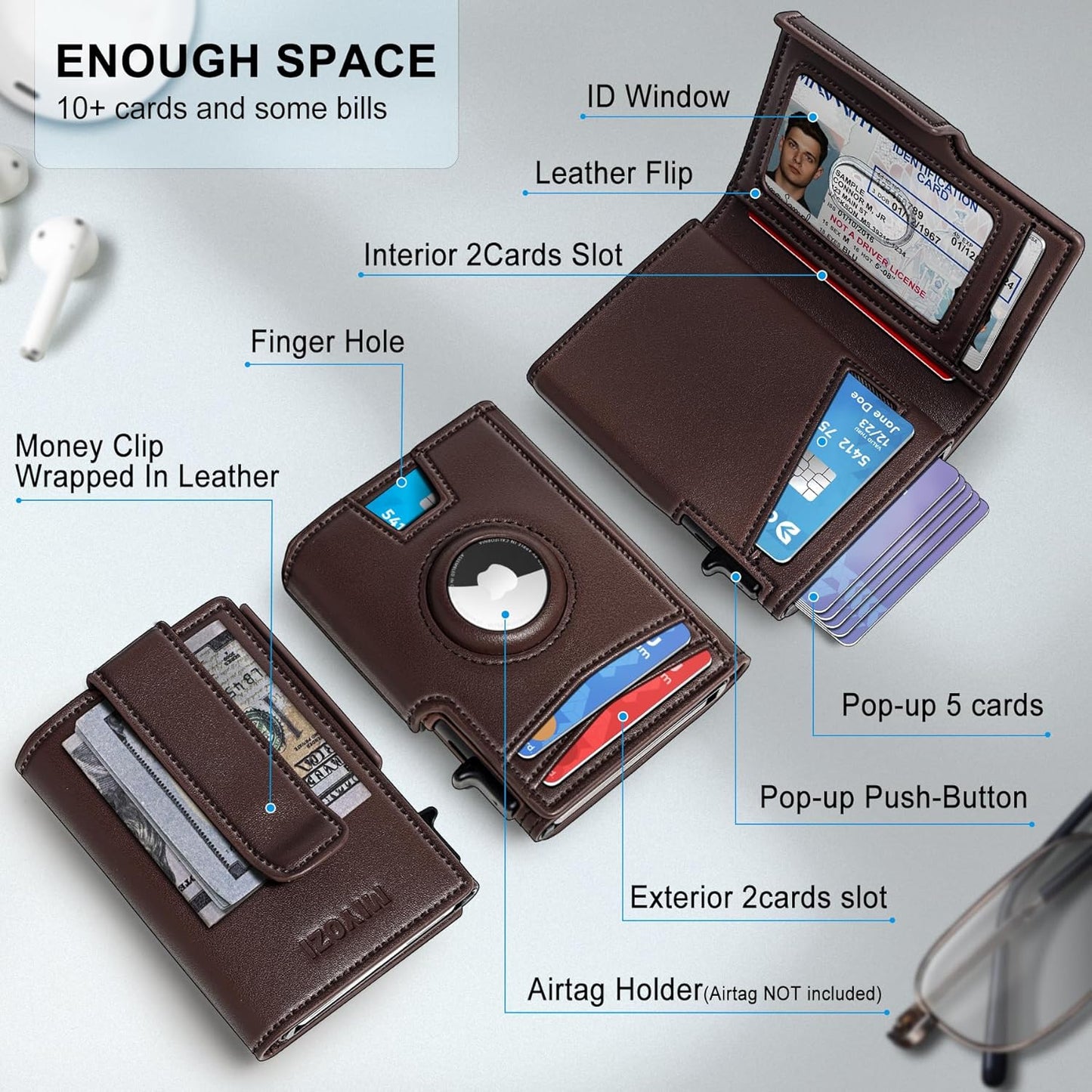 Airtag Wallet for Men,with Money Clip 10 Cards Metal Case Smart Slim P