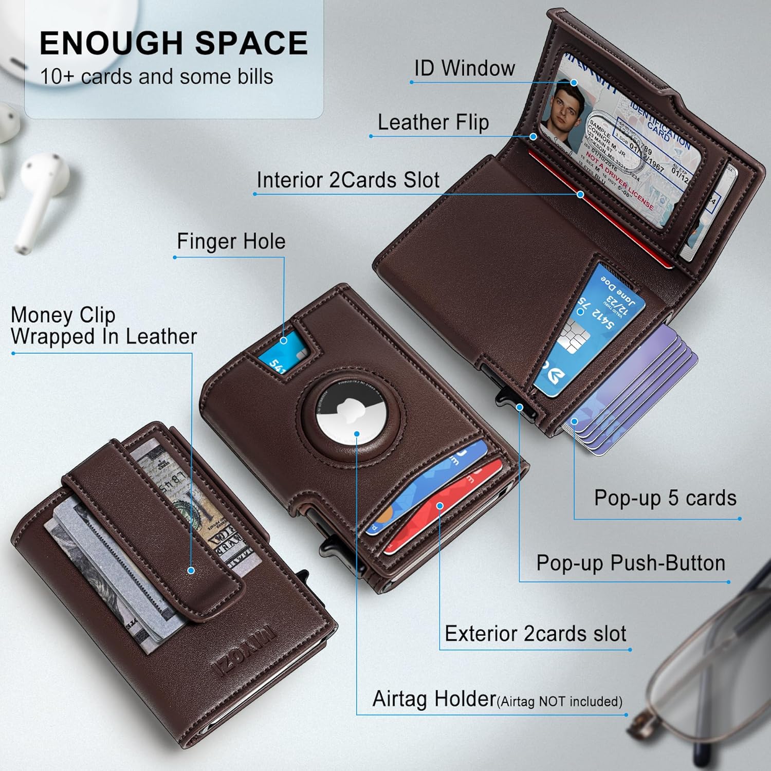 Airtag Wallet for Men,with Money Clip 10 Cards Metal Case Smart Slim P