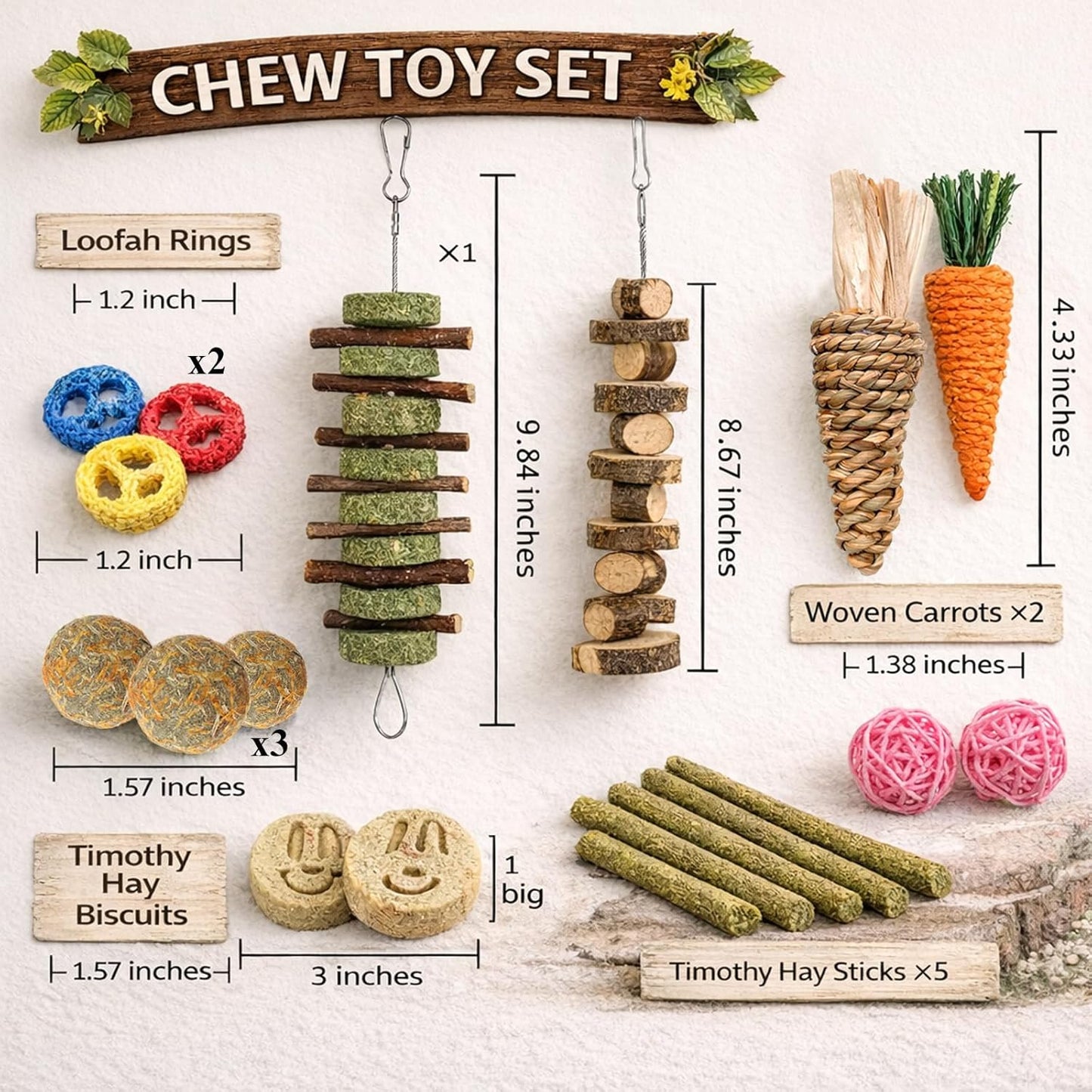 Grddaef 20 PCS Bunny Chew Toys for Teeth, Natural Rabbit Toys Apple Wo