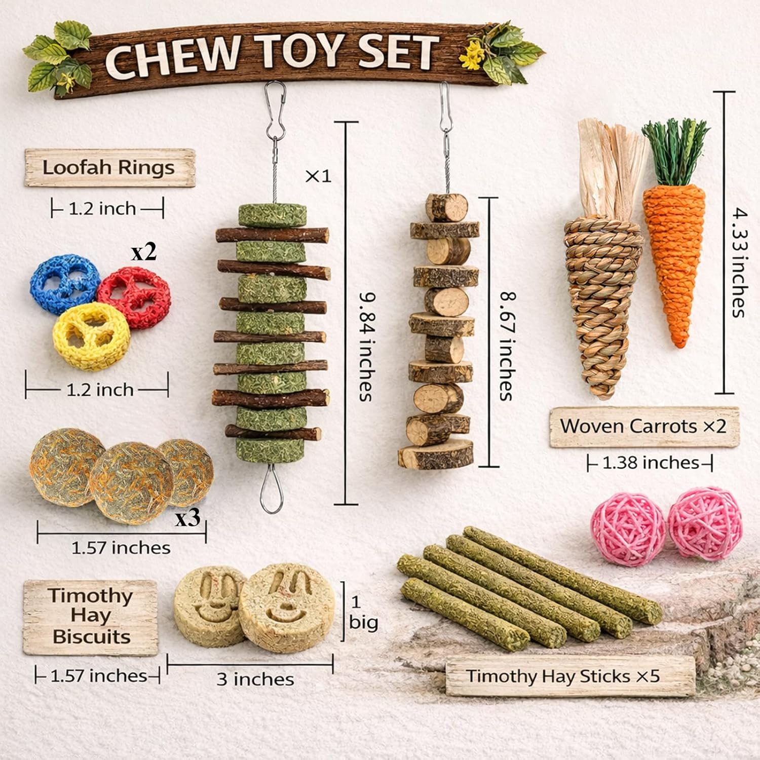 Grddaef 20 PCS Bunny Chew Toys for Teeth, Natural Rabbit Toys Apple Wo