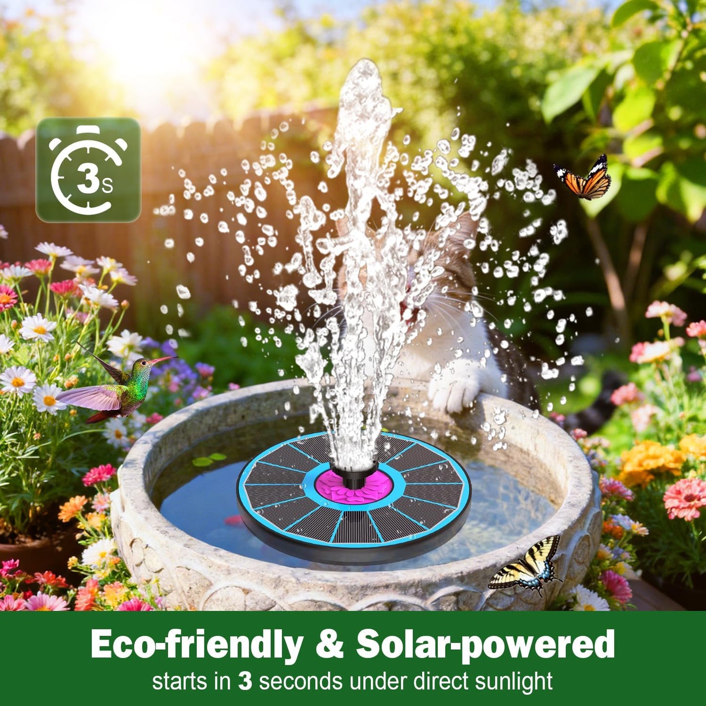 SZMP Powerful 3.5W Anti-Drift Solar Fountain for Bird Bath, Solar Powered Water Pump with 7 Nozzles, Bird Bath Fountain for Garden, Pool, Pond – Attracts Hummingbirds (Blue)