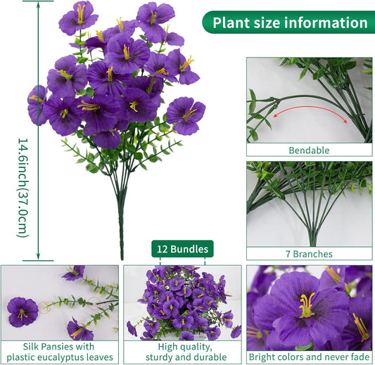 12 Bundles Artificial Pansy Flowers for Outdoor, Faux Silk Pansies Spring Flowers Outside for Planter Front Door Porch Yard Patio Window Box Home Decor (Purple)
