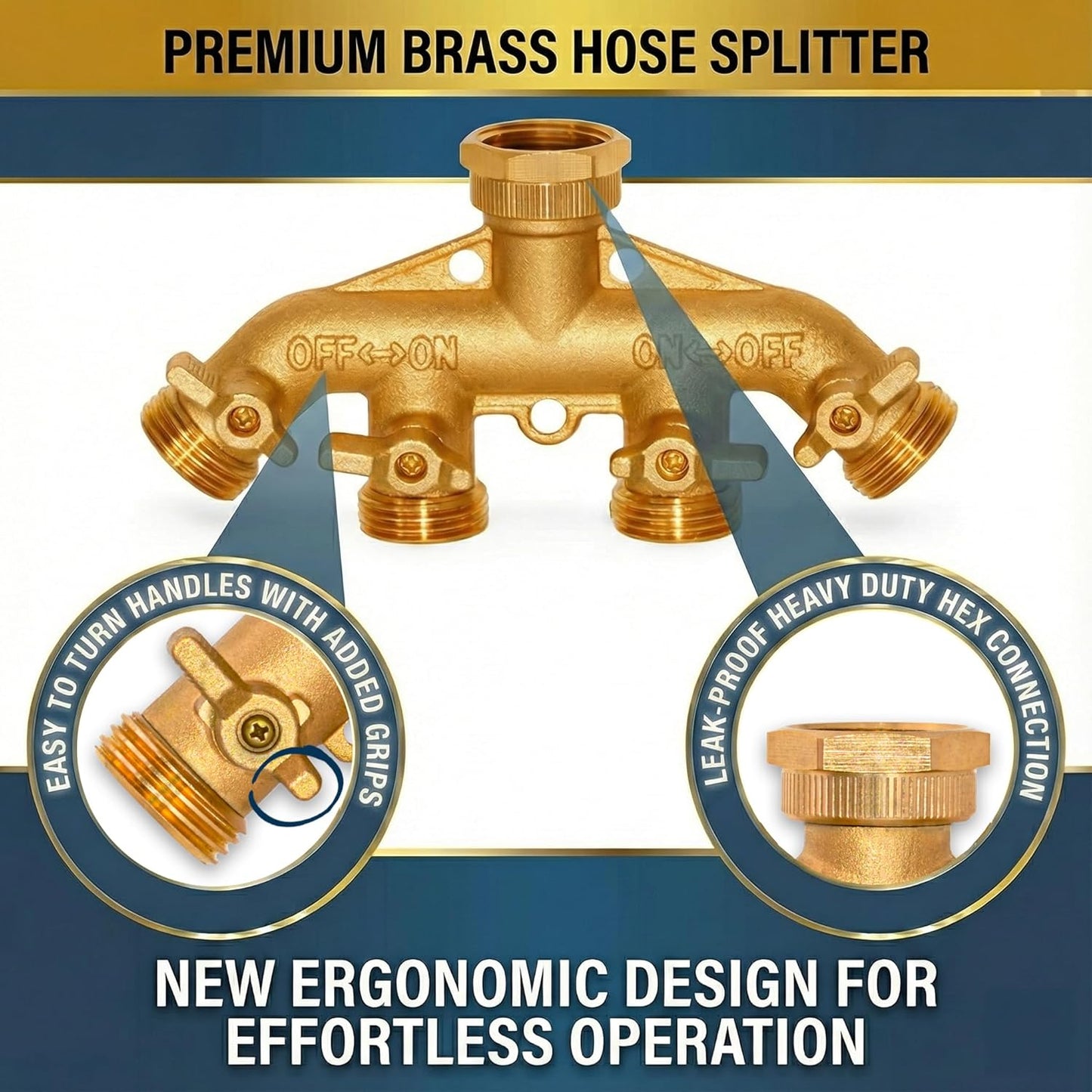 Morvat Brass 4-Way Splitter LEAD-FREE, Heavy-Duty Garden Hose Manifold Connector with Improved Comfort Grip ON/OFF Valves, Adapter for Water Faucet & Spigot, Includes 8 Washers, Teflon Tape (1-Pack)