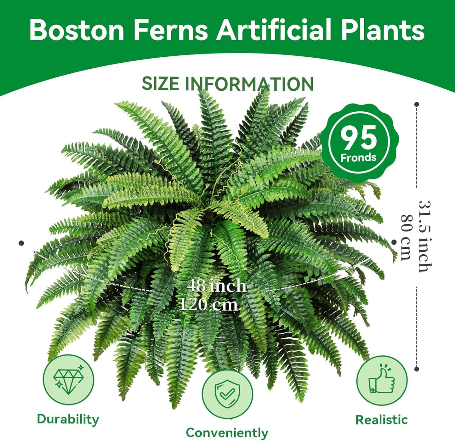 48" Large Artificial Ferns Plants for Outdoors Indoors,UV Resistant 95Branches Faux Boston Fern Bush for Front Porch Decor,Large Hanging Fake Fern Plant Greenery for Entrance Garden Planter Home Decor