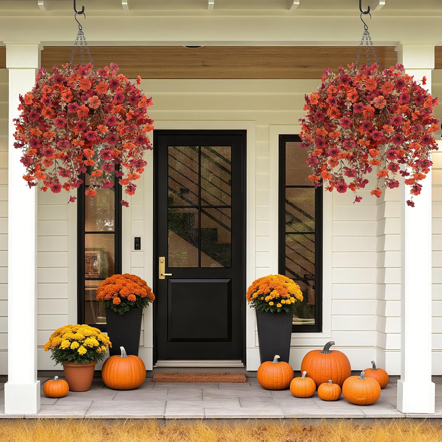 Geegoods Artificial Flowers for Outdoors, 2 Set Faux Hanging Mums Bask