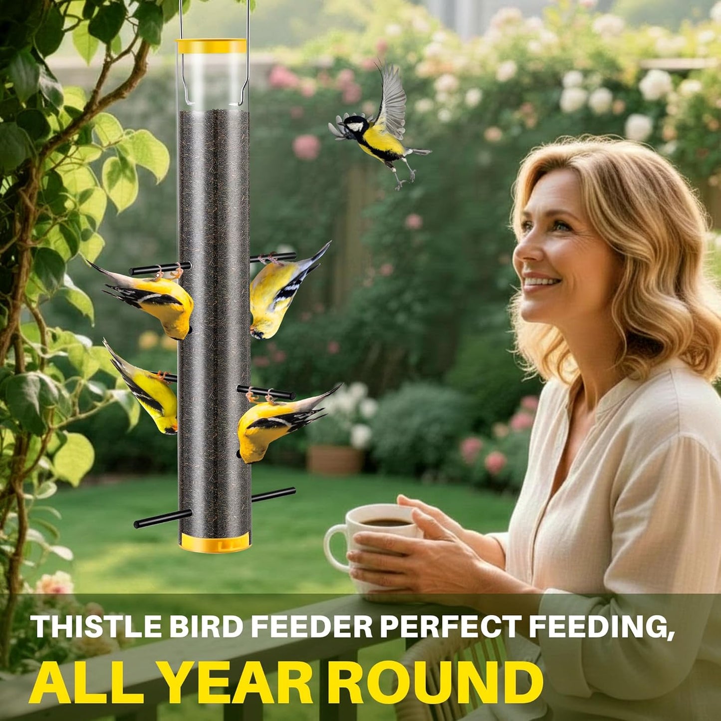 Thistle Feeder for Goldfinches with Upside Feeding Design, Hanging Finch Feeder for Outside, 15.9-Inch Tube Bird Feeders with 6 Small Ports & 3 Perches, Easy to Refill and Clean, Yellow