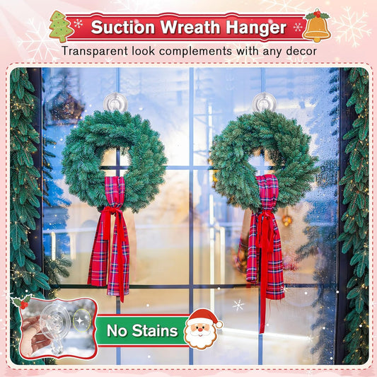 VIS'V Wreath Hanger, Large Suction Cup Wreath Hooks with Wipes, Heavy Duty, 22 LB Capacity, Removable and Reusable, Clear, 2 Pcs
