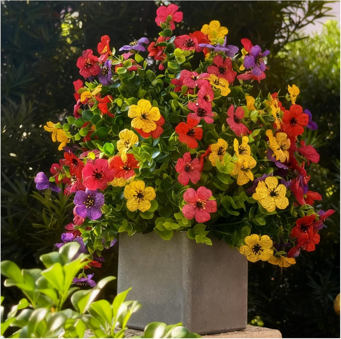 2 Set of 23.6" Outdoor Artificial Flowers UV Resistant, Fake Flowers Bush with Stakes, Lifelike Outdoor Faux Plants with 60 Branches for Garden, Patio, Porch Decor