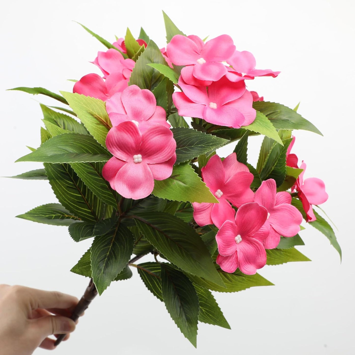 3pcs Artificial Impatiens - Outdoor Faux Flowers for planters, Silk Faux Outdoor Flowers for Patio Lawn Garden Pot Hanging Basket Porch Decoration (Rose Red)