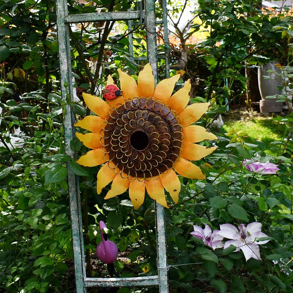 E-view Metal Sunflower Birdhouse Decorative Hand-Painted Hanging Bird House