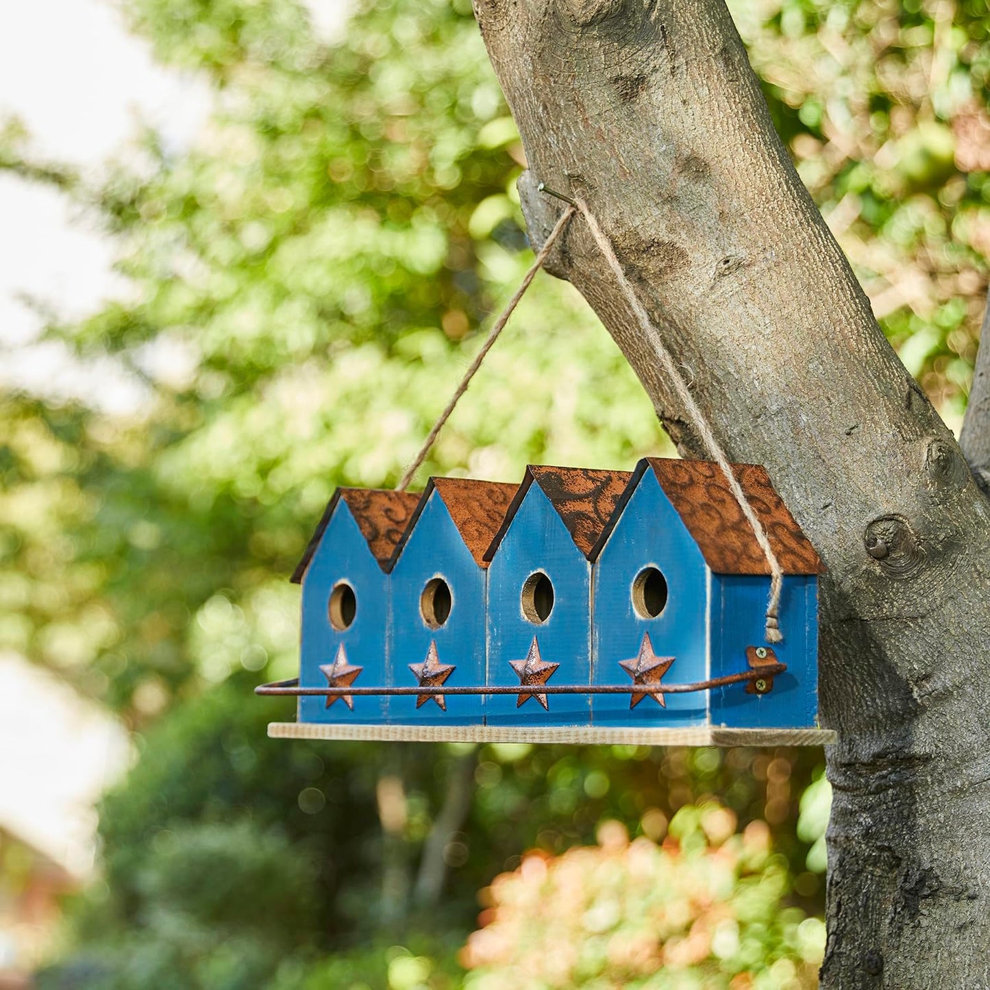 Glitzhome 17" L Distressed Solid Wood Birdhouse with Perch Decorative Garden Hanging Bird House for Outdoors,Retro Blue