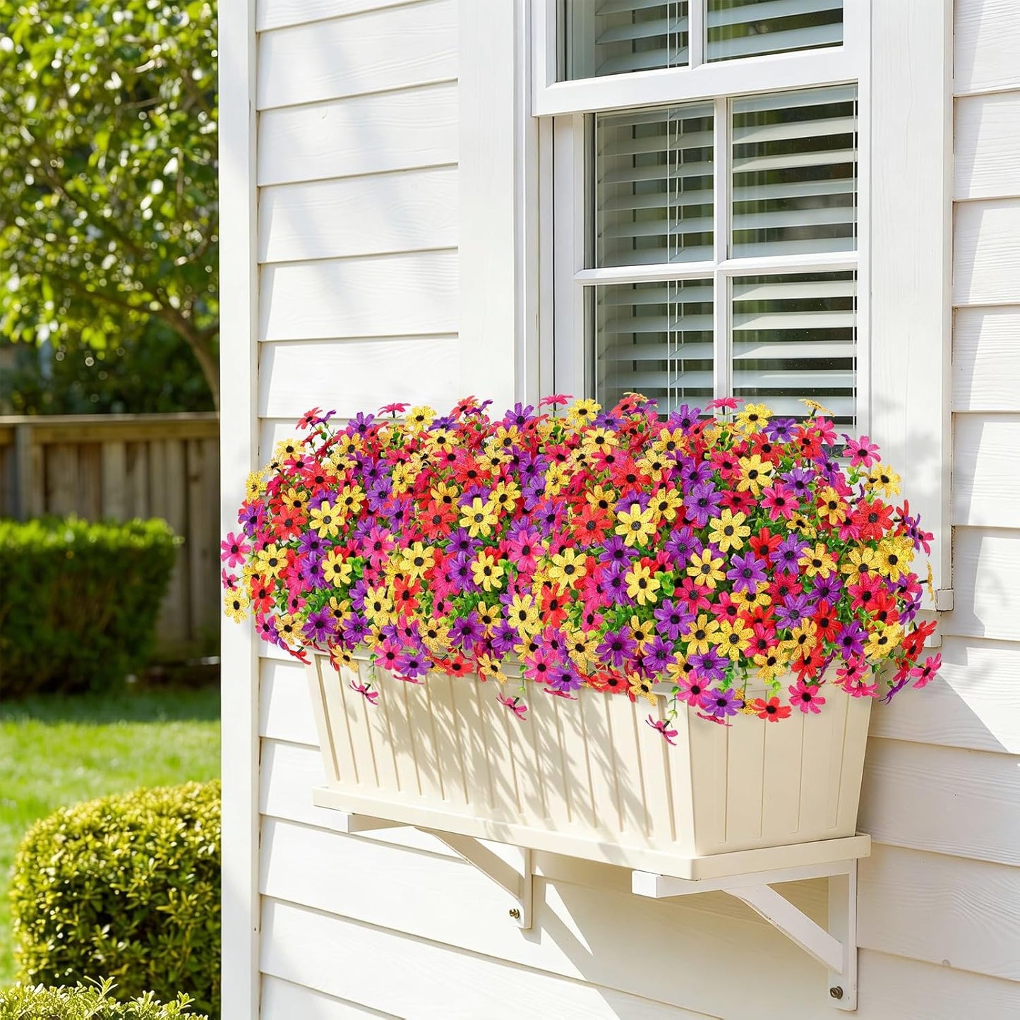 Weldomcor Artificial Flowers Plants for Outdoors 8 Bundles Fake Silk Colorful Daisy Spring Summer Decoration, Faux Greenery Boxwood UV Resistant Outside Decor for Home Garden Porch Yard Pots Planters