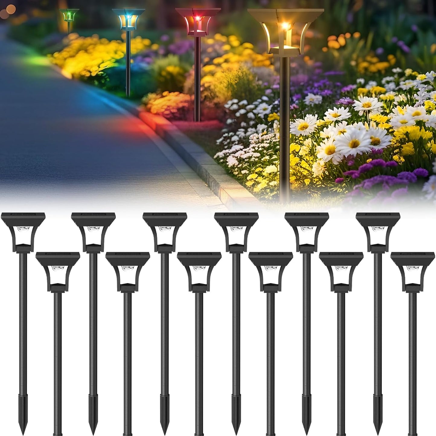 CINOTON 12 Pack RGBCW Solar Pathway Outdoor Lights, 3 Lighting Modes S