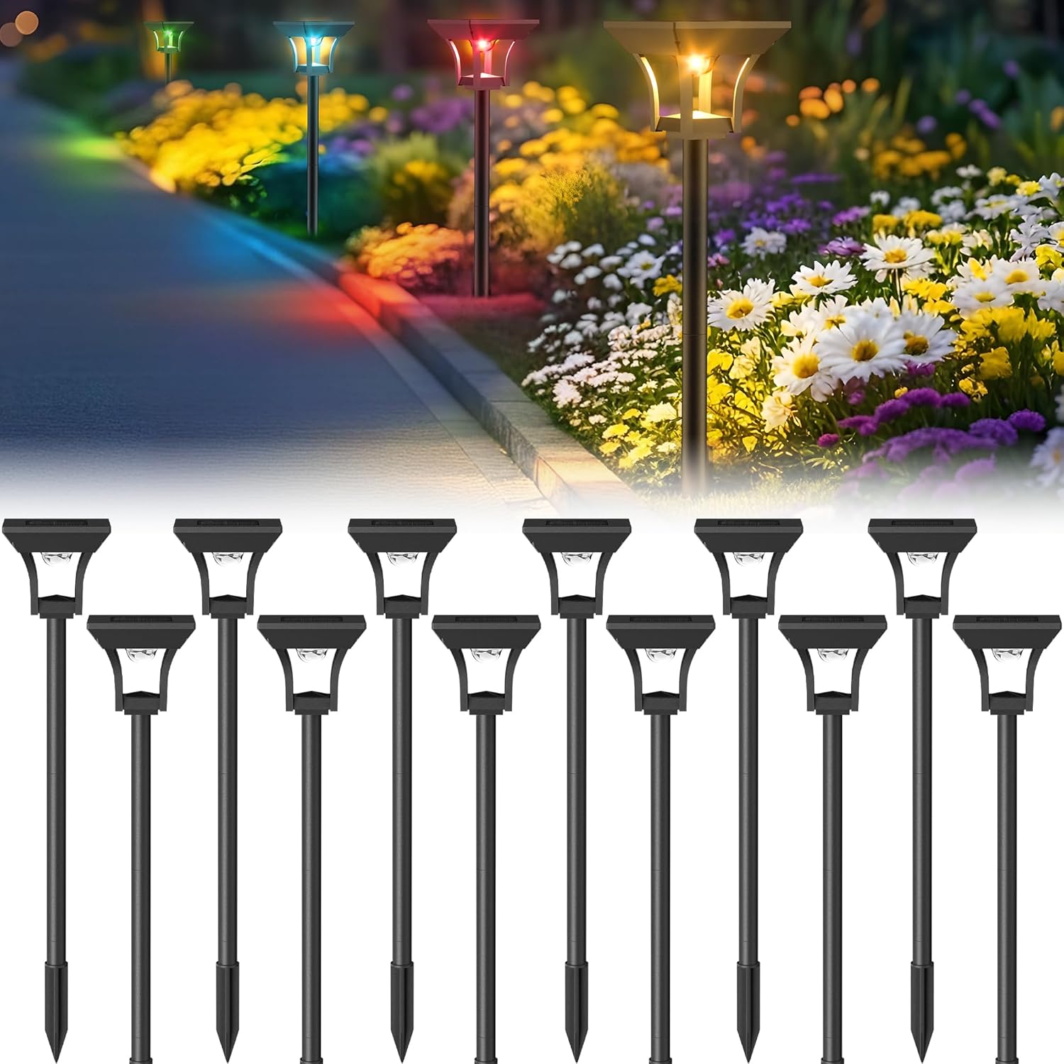 CINOTON 12 Pack RGBCW Solar Pathway Outdoor Lights, 3 Lighting Modes S