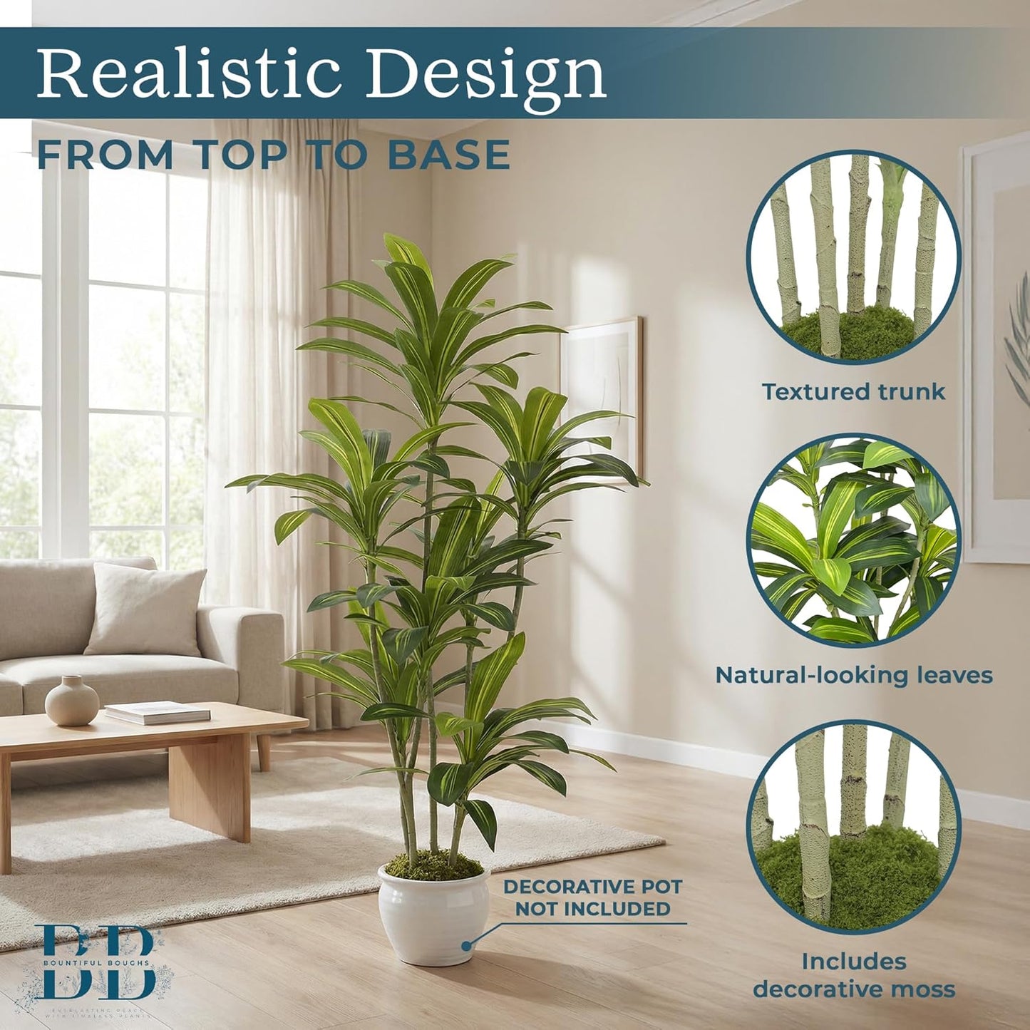 5’ (150 cm) Dracaena Artificial Tree with Small Black Pot & Moss – Realistic Natural Look, Maintenance-Free Indoor & Outdoor Plant for Home, Office, Balcony & Patio