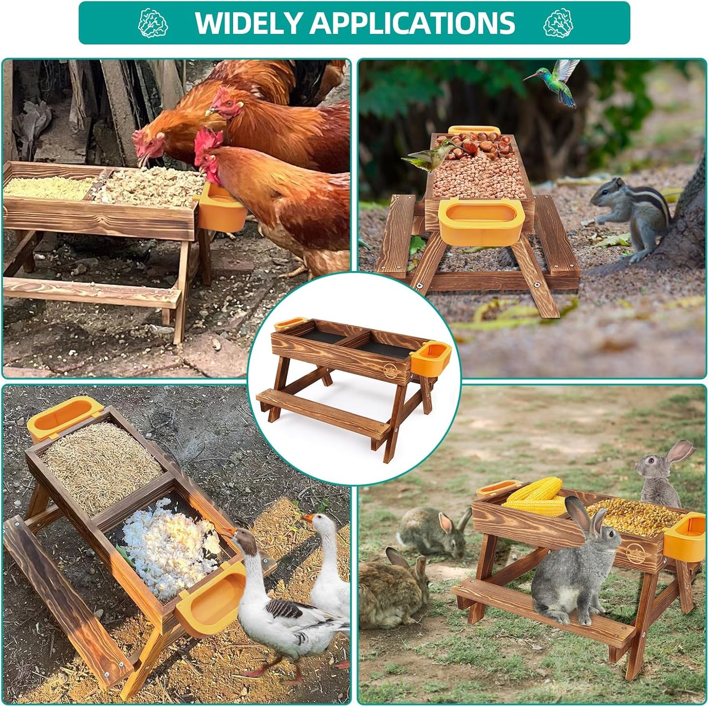 Chicken Picnic Table, Chicken Feeder No Waste Handmade Carbonized Wooden, Large DIY Chicken Feeder Kit, Wild Bird, Duck & Squirrel Feeders, Mesh Bottom Keep Food Fresh and Dry Easy to Clean and Fill
