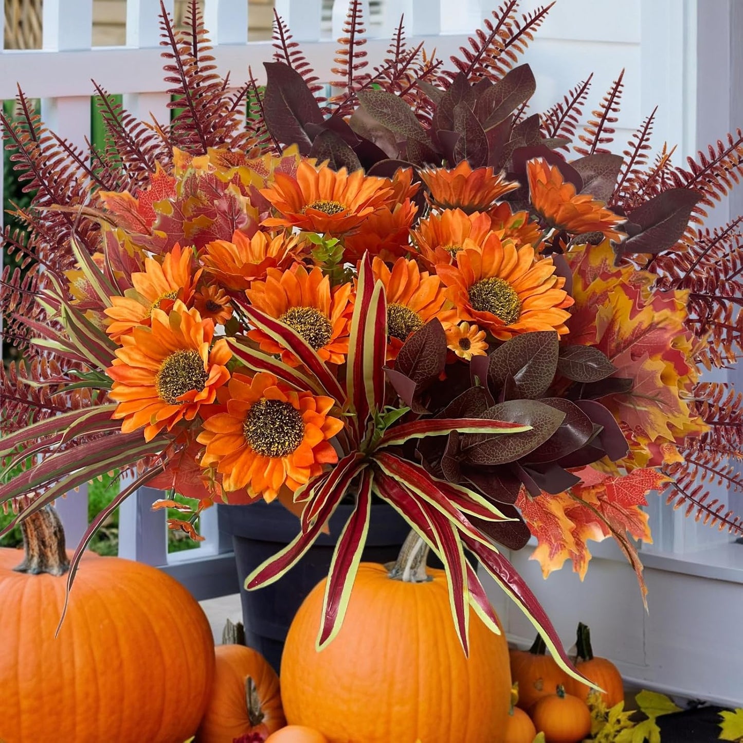 Artificial Sunflowers Flowers Faux Plants Greenery for Fall Thanksgiving Outdoor, 12 Bundles Fake Silk Bushes Foliage Look Real UV Resistant for Outside Planters Porch Pot Decor