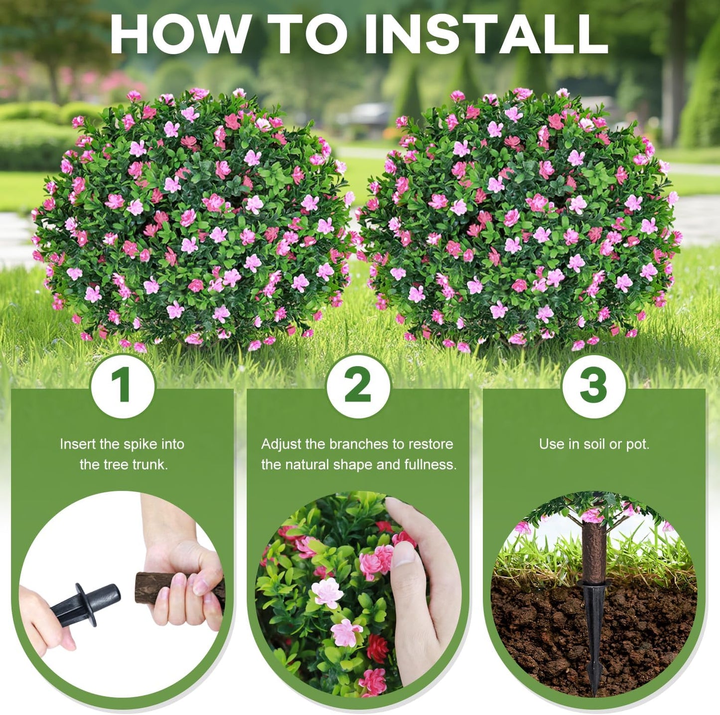 Set of 2 Artificial Boxwood Topiary Ball Trees with Pink Flowers Fake Bushes Plants Outdoor Boxwood Ball with Ground Spike 25.5 Inch UV Resistant Faux Greenery Shrubs for Porch Garden Decor