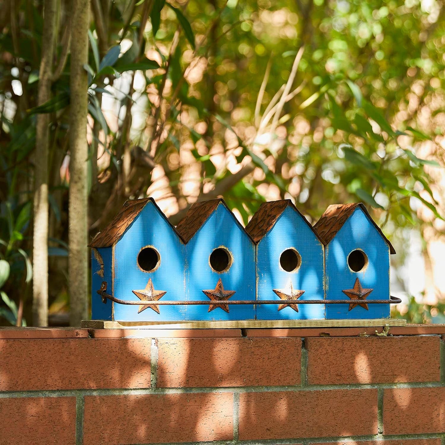 Glitzhome 17" L Distressed Solid Wood Birdhouse with Perch Decorative Garden Hanging Bird House for Outdoors,Retro Blue