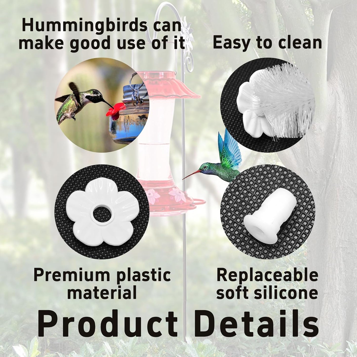 24 PCS Hummingbird Feeder Replacement Flowers with 2 Cleaning Brush, Heavy Duty Plastic Feeding Ports Parts for Outdoor Hanging Bird Feeders (White