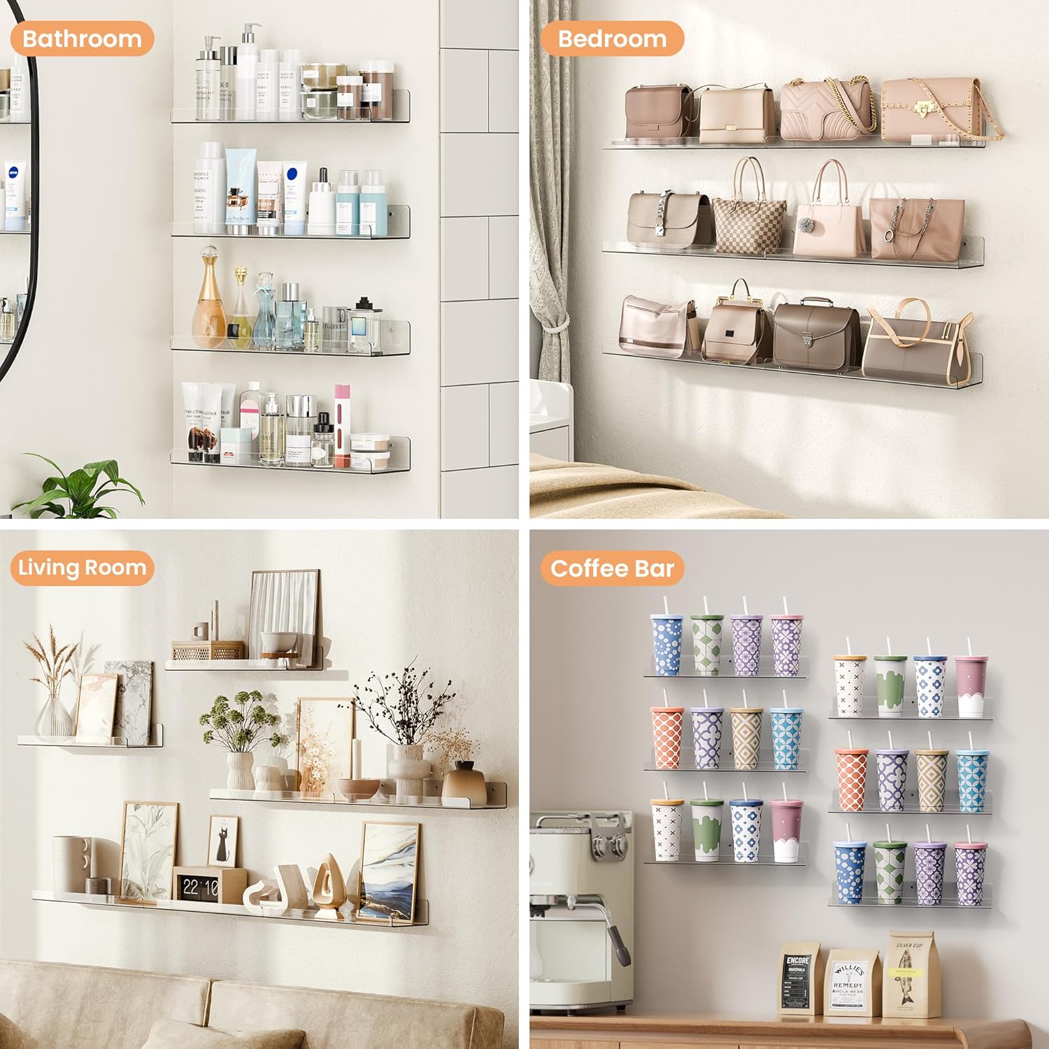 upsimples 6 Pack Acrylic Shelves for Wall Storage, 15" x 4“ Floating B