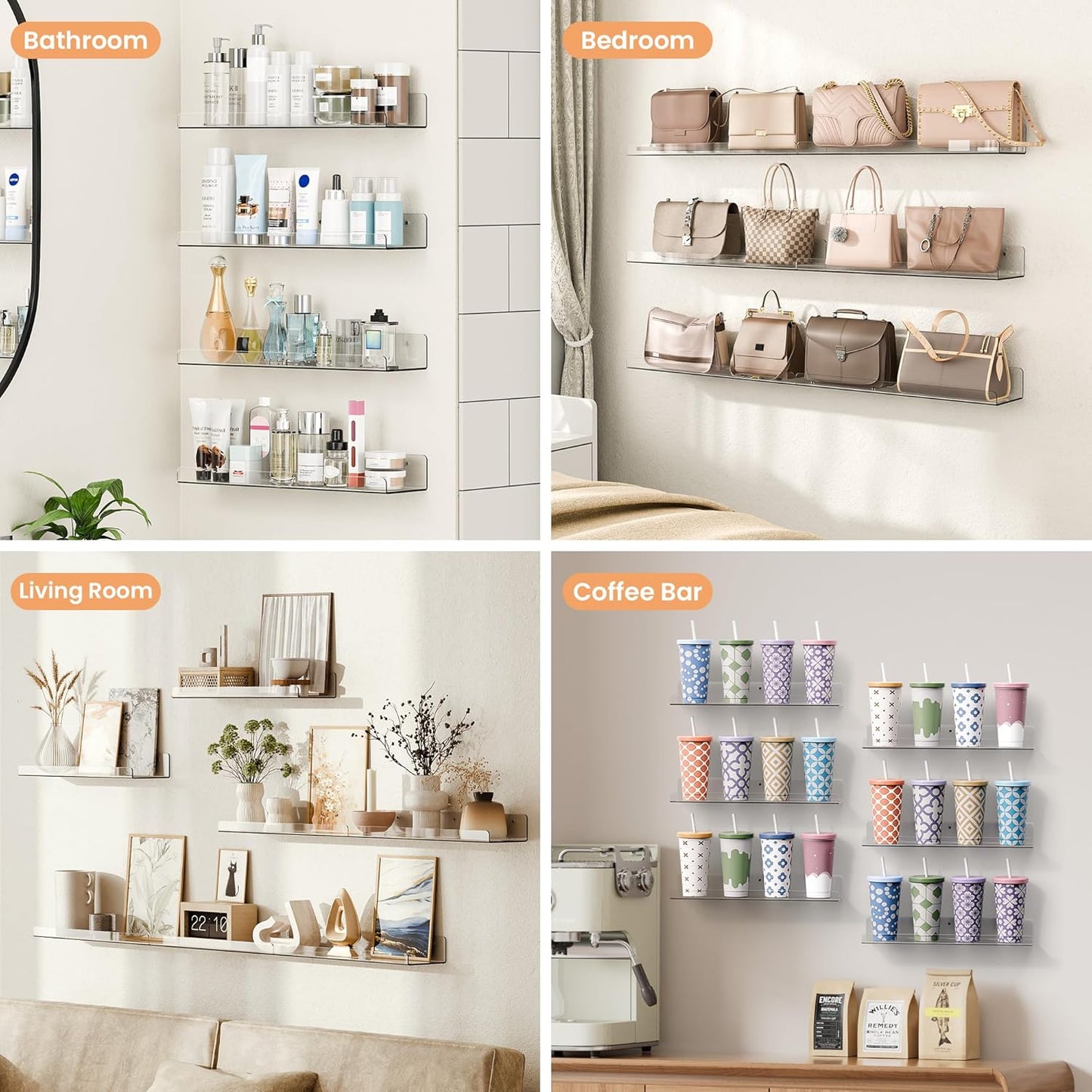 upsimples 6 Pack Acrylic Shelves for Wall Storage, 15" x 4“ Floating Bookshelves for Kids, Display Shelf Organizer for Bathroom, Bedroom, Living Room, Kitchen, Room Decor, Clear