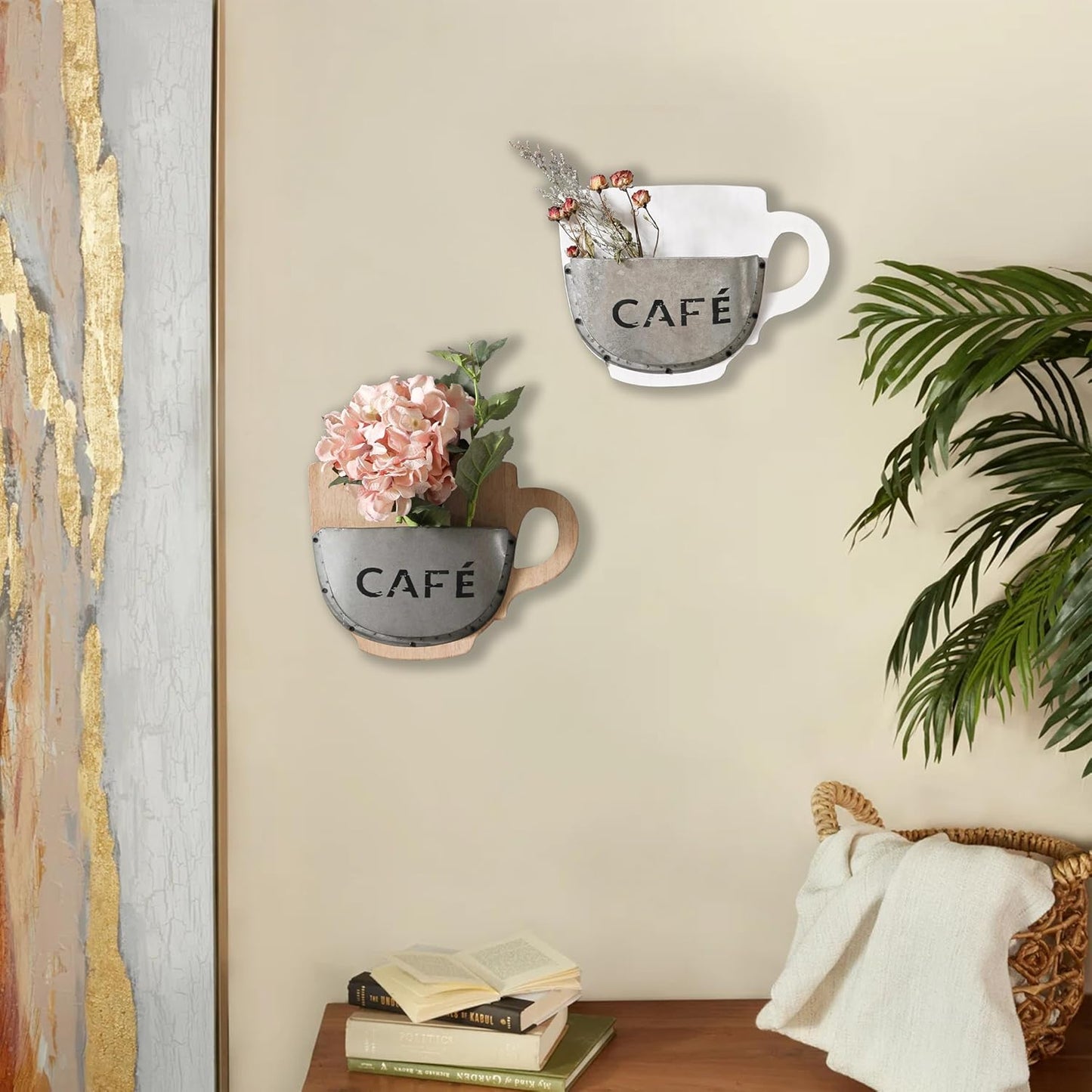 SOFE Industrial Farmhouse Wall Mounted Flower Vase, White Wood Frame with Coffee Cup Planter, Rustic Kitchen Wall Art, 9.8" X 2.2" X 7.5"