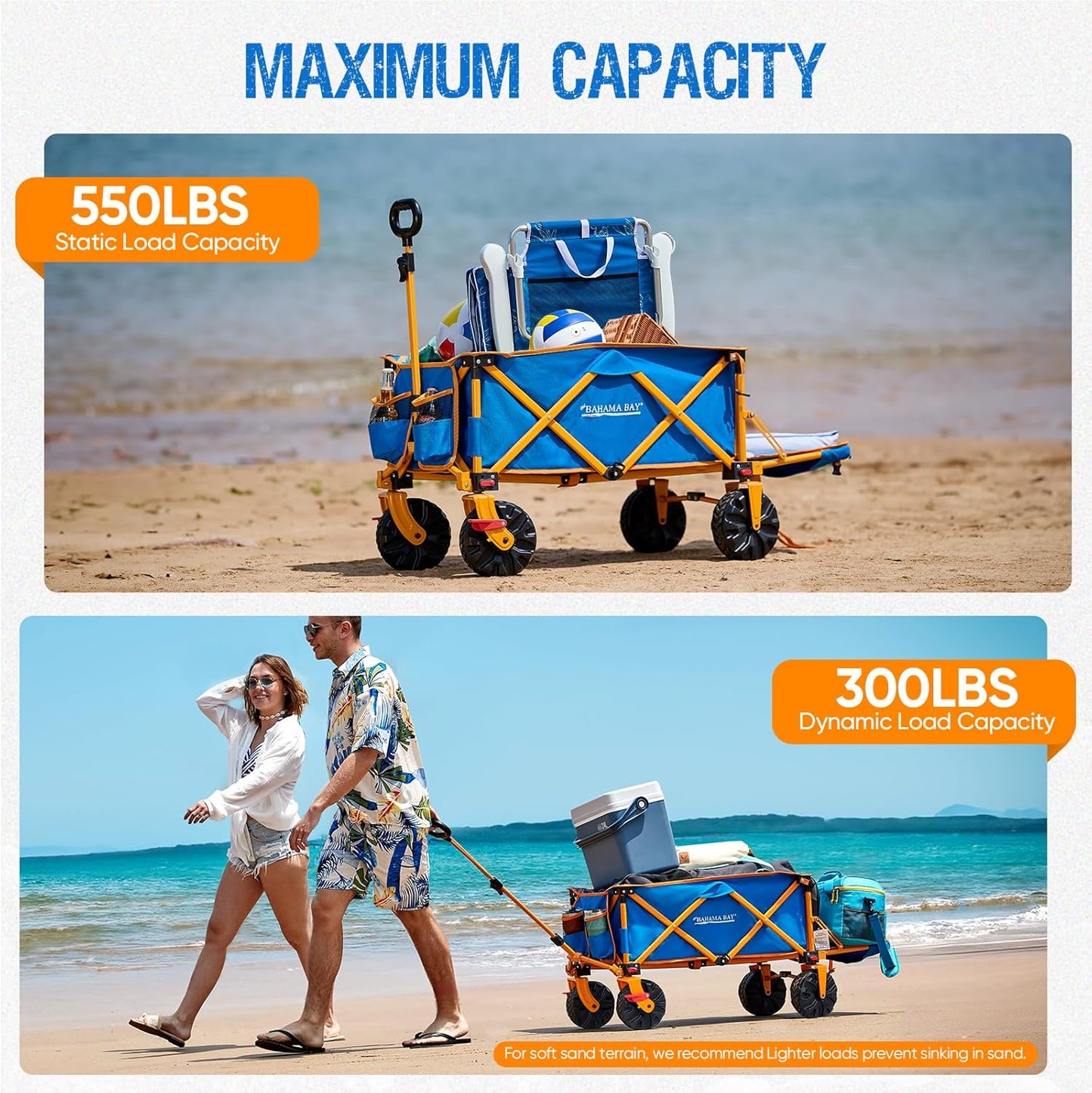 Old Bahama Bay 300lbs Extra Long 49" L Beach Wagon with Big Wheels with Brake for Sand, Collapsible Utility Beach Cart Heavy Duty Folding Wagon,Ideal for Outdoor Sand Camping Garden Pet