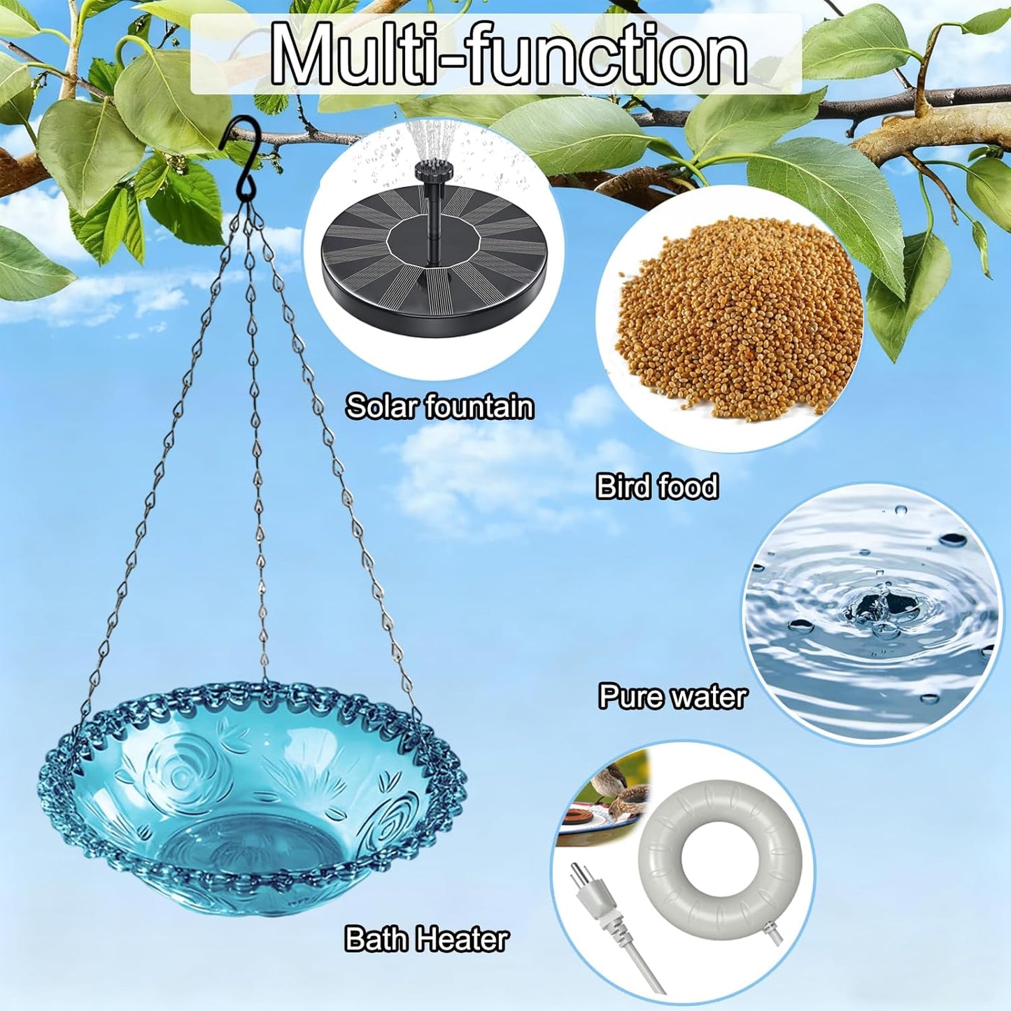 4 Pack Hanging Bird Baths Bowl Outdoor Bird Feeder 15.7 Inch Metal Chains, Weather-Resistant Hanging Bird Feeder & Bath Tray for Garden, Patio, Backyard Wildlife Decor