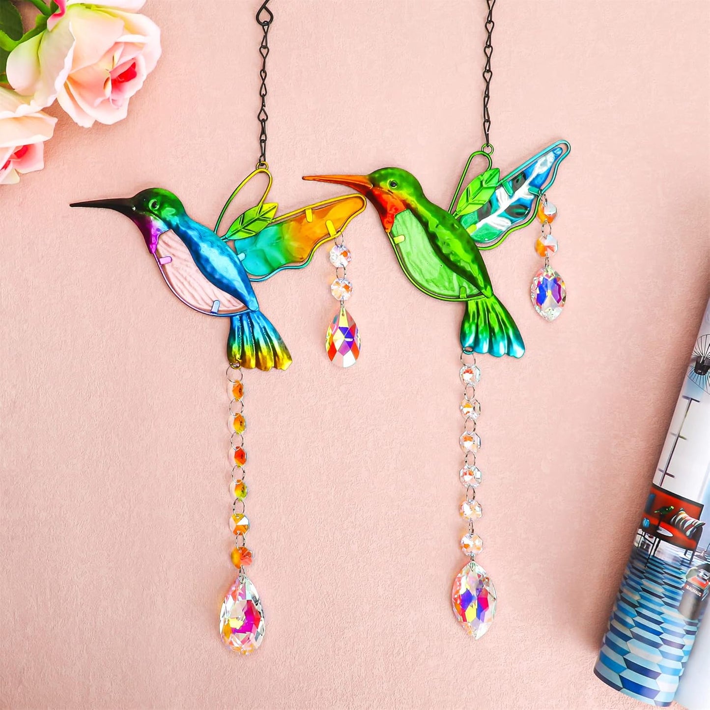 YU FENG 2PCS 18.1" Hummingbird Suncatchers,Stained Glass Window Hanging Ornament for Christmas Tree,Rainbow Maker Crystal Prism Suncatcher Outdoor Indoor Home Garden Party Decoration