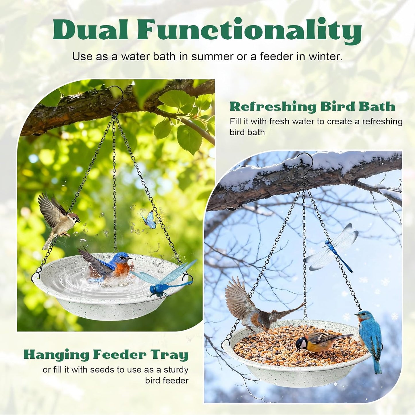 Metal Hanging Bird Bath for Outdoors,Gray Speckled Granite Look–Rust Proof Bird Water Bowl with Magnetic Dragonfly Decor,11.4 Inch Shallow Feeder Tray for Garden & Yard