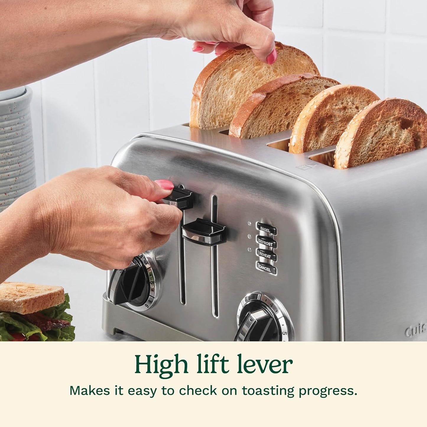 Cuisinart 4 Slice Compact Stainless Steel Toaster with Extra-Wide Slots for Bread, French Toast, Bagels & Pastries, Defrost & Reheat Functions, CPT-180P1, Brushed Stainless, Removable Crumb Tray