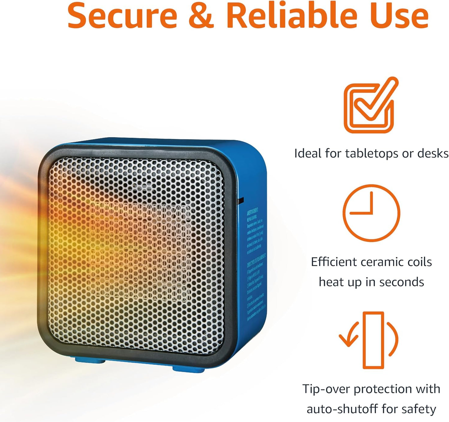 Amazon Basics Ceramic Portable Mini Space Heater for Office Desk, Fast Heating, Efficient, Indoor Use, 500W, With Tip-Over Protection, Lightweight 1.4 lbs, Blue, 5.9 x 3.2 x 6 inches