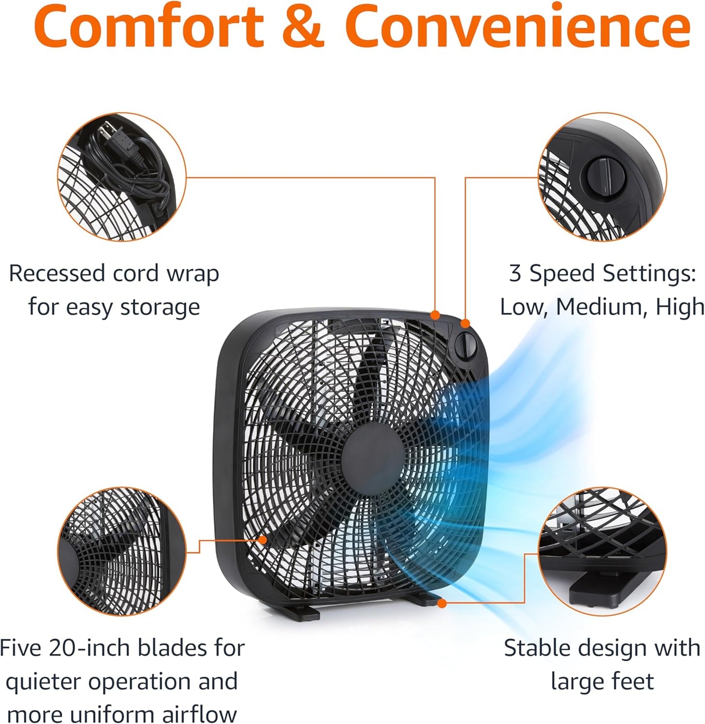 Amazon Basics 3-Speed Box Fan for Bedroom, Portable with Carry Handle,
