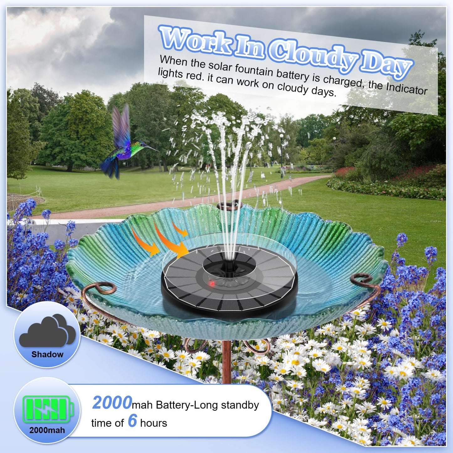 Yzert Solar Fountain with 2000mAh Battery & Innovative Indicator, 3.5W Glass Solar Water Fountain Pump Works in Cloudy Day with 7 Nozzles for Bird Baths, Gardens, Ponds, Pools, Outdoors (Black)