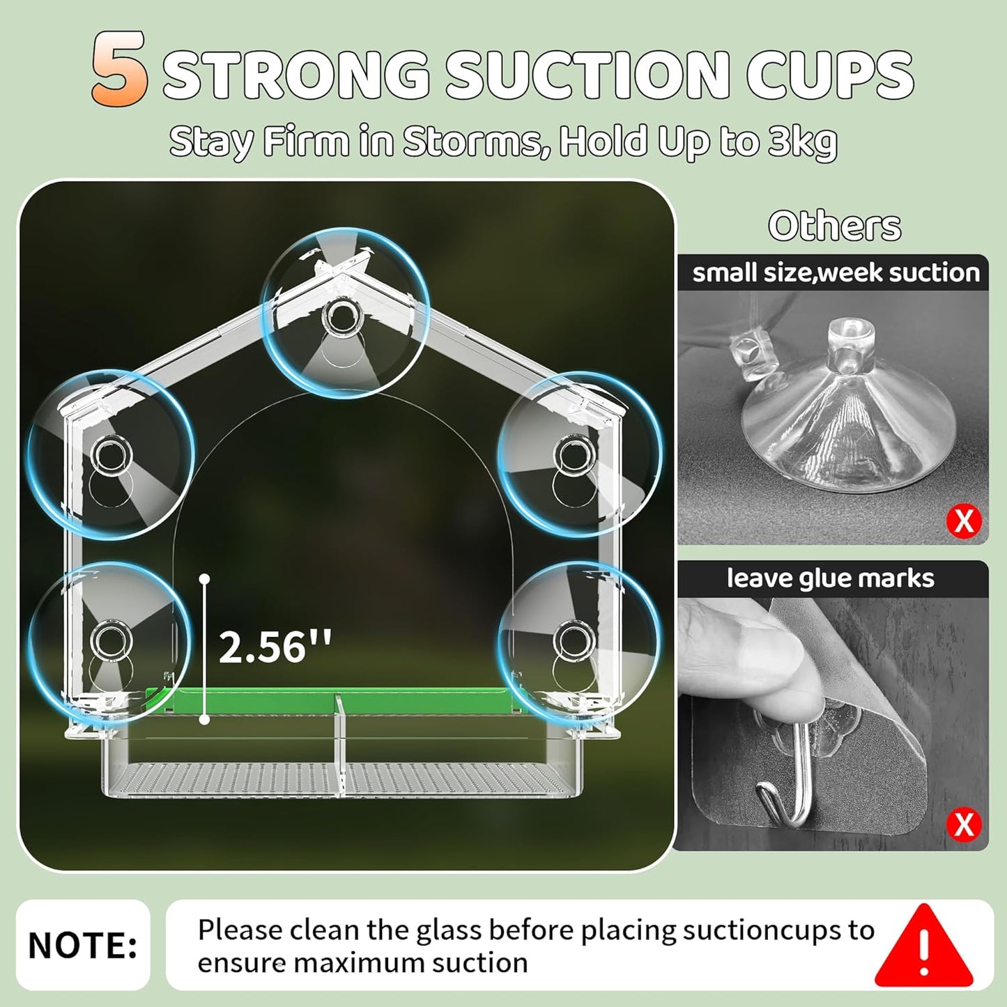 Window Bird Feeder, Clear Birds Feeder with 5 Strong Suction Cups, Easy-to-Clean Detachable Feeding Tray, Outdoor Window Viewing Box, Weatherproof Garden Decor, Gifts for Bird Lovers, Cats
