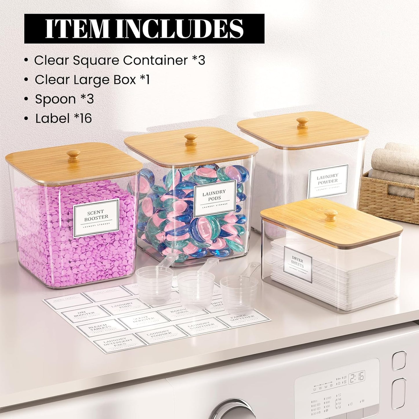 Laundry Pods Storage Container, Clear Laundry Room Organization and Storage ,Detergent Powder Container,with Wooden Lids & Labels, 3+1 Pack