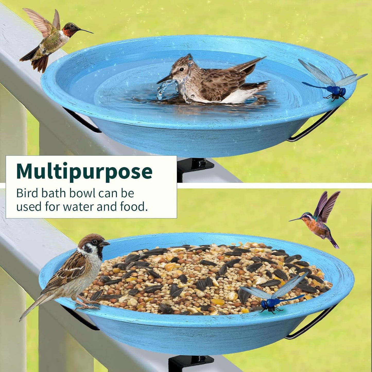 Bird Bath Deck Mounted Bowl 12 Inch Metal Bird Baths with Adjustable Sturdy Metal Clamp for Deck Railing Balcony Bird Feeder for Garden Yard and Lawn Decoration-Blue