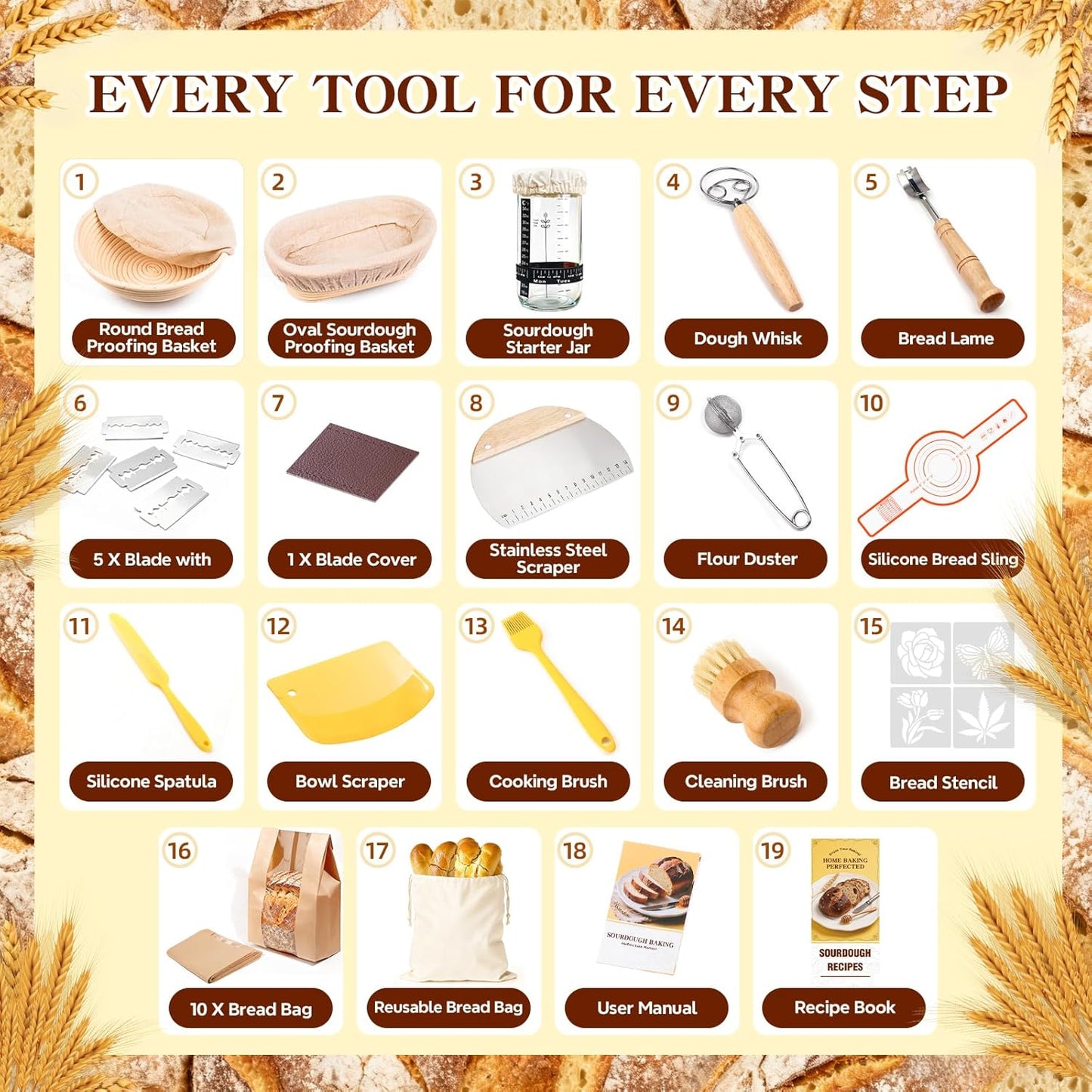 Sourdough Starter Kit, Sourdough Bread Baking Supplies, Round & Oval Banneton Bread Proofing Basket, Bread Sling, Starter Jar, Dough Whisk, Scrapers, Stencils & Bag, Complete Sourdough Kit Gifts