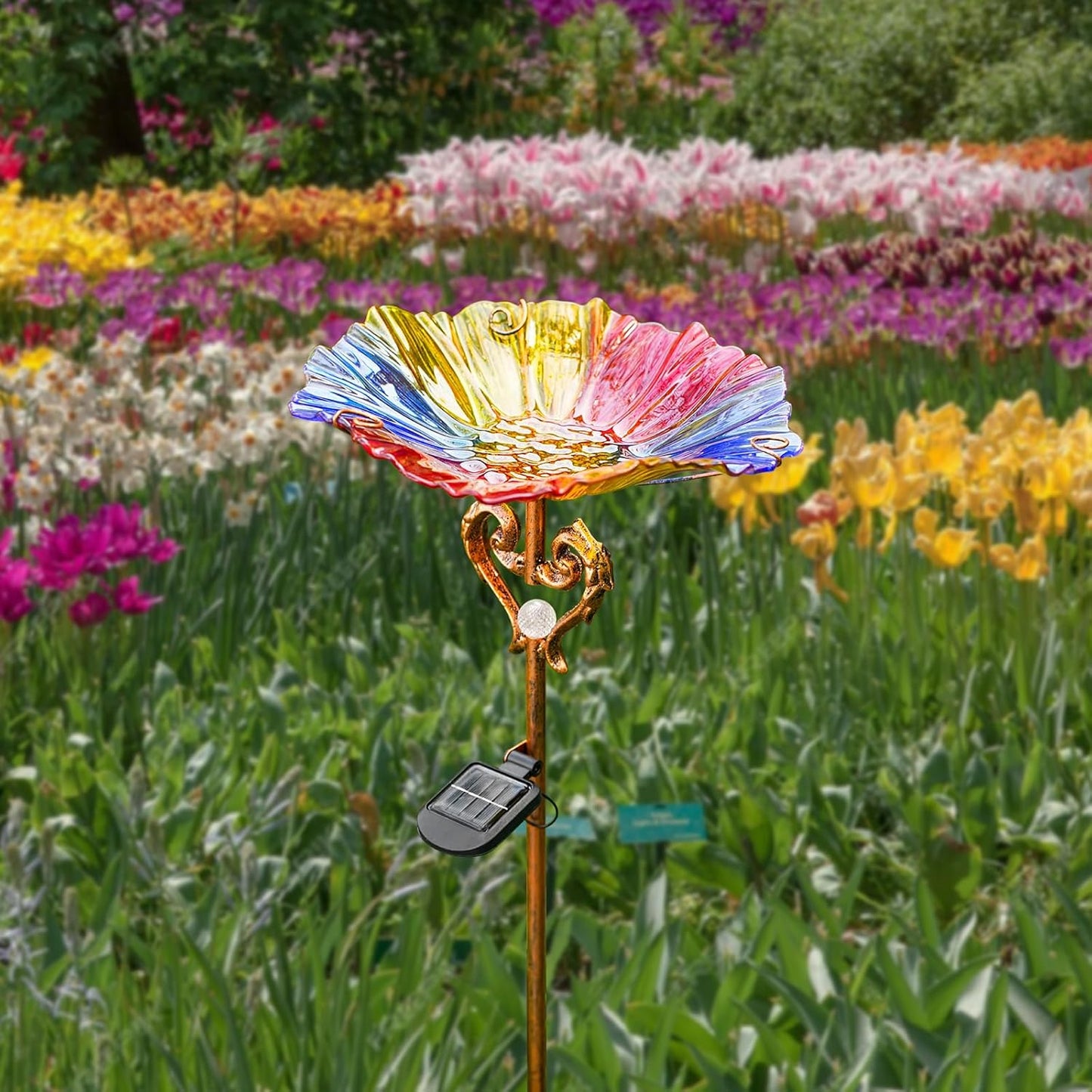 Garden Decor Gifts Solar Glass Blue Bird Bath Yard Art Garden Outdoor Birdbath with Metal Stake with White LED Light Metal Stake Garden for Women