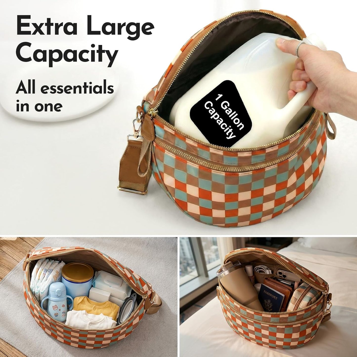 Checkered Crossbody Bag Nylon Bum Bags for Women Spacious Handbags Che