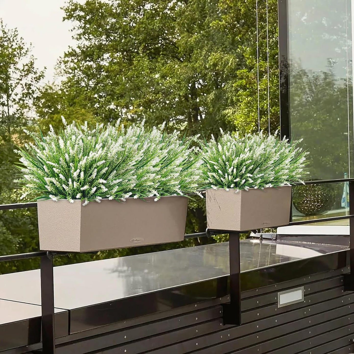 Artificial Fake Outdoor Plants Flowers for Summer Decoration,10 Bundles Faux Plastic Tall Monkey Grass Greenery UV Resistant Realistic for Home Outside Planter Window Porch Patio Garden-White