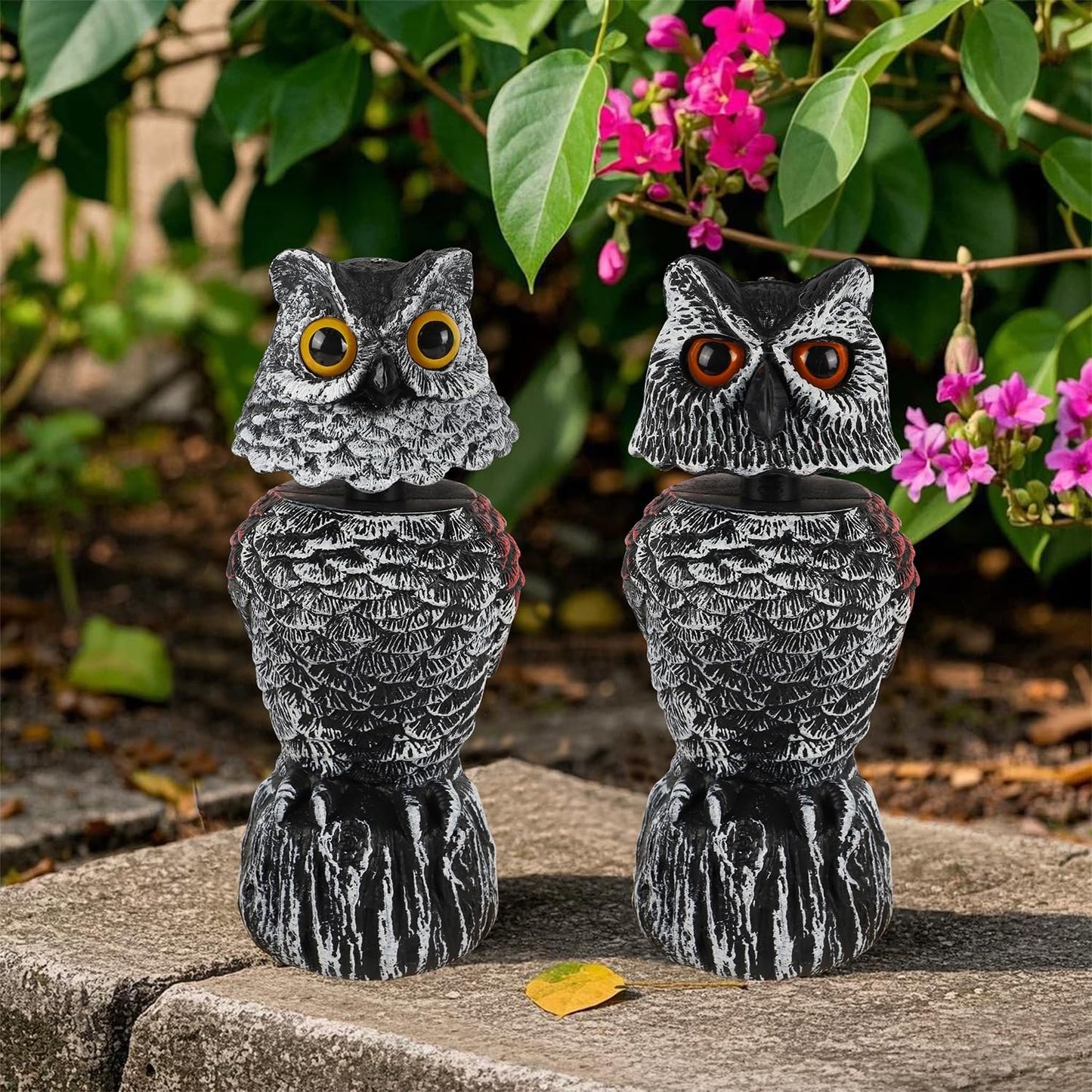 Hausse 2 Pack Fake Owl Decoy Bird Scarecrow Sculpture, 11.2 inch Wagging Head Plastic Owl Scare Birds Away, Owls Statue Nature Enemy Horned Pest Repellent for Outdoor Garden Yard