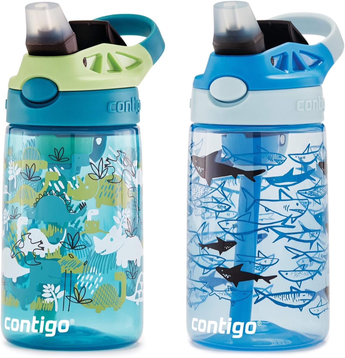 Contigo Aubrey Kids Water Bottle, 2-Pack, 14oz, Dinos & Sharks, Spill-Proof Lid, Dishwasher Safe, Blue & Green