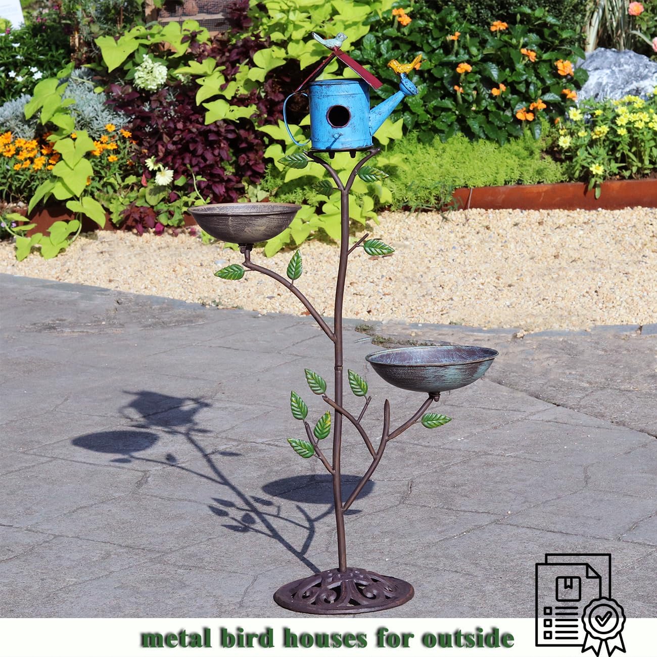 Metal Birdhouse Outdoor, Birdhouse Pole – Integrates Bird Feeder and Bird Bath, 3-in-1 Multi-Functional for Yard Decorations Outdoor, Cast Iron Base